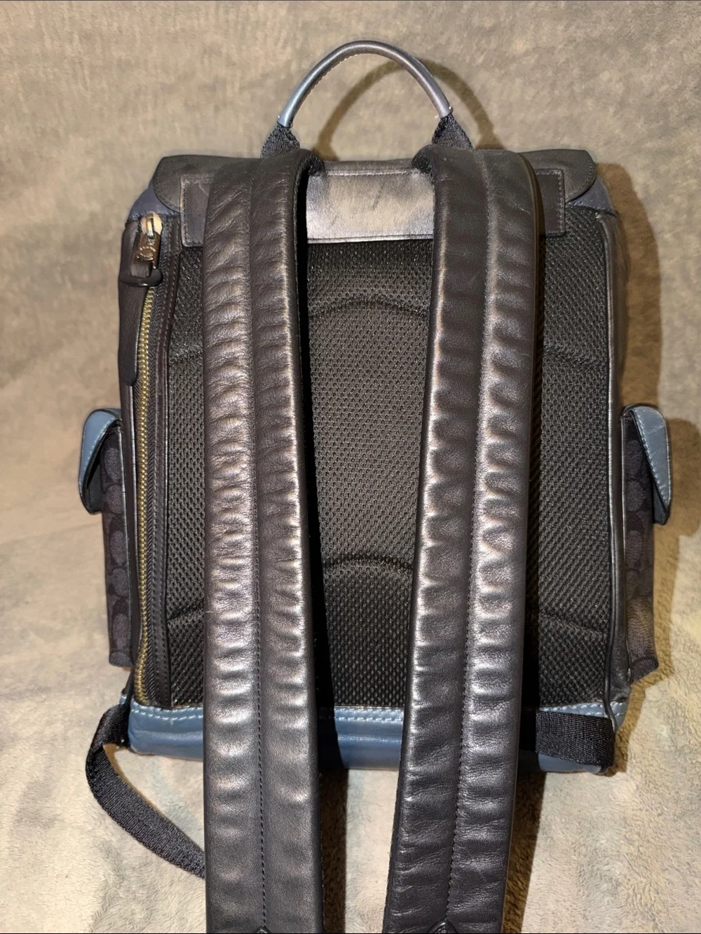 Coach Men’s Blue Leather & Signature Canvas Flap Backpack